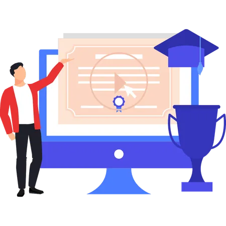 Menino apontando para vídeo de certificado on-line no monitor  Ilustração