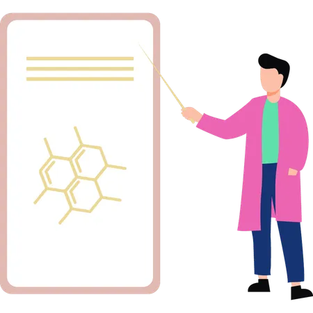 Menino apontando para moléculas hexagonais no celular  Ilustração