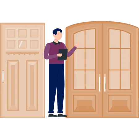 Menino apontando para a porta  Ilustração