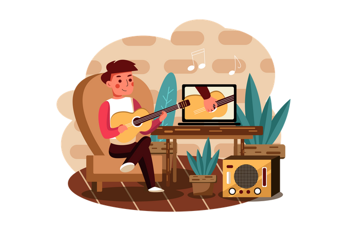 Menino aprendendo a tocar instrumento musical online  Ilustração
