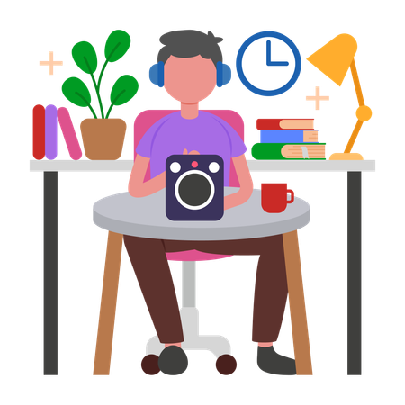 Menino aprendendo e relaxando com podcasts  Ilustração