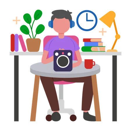Menino aprendendo e relaxando com podcasts  Ilustração