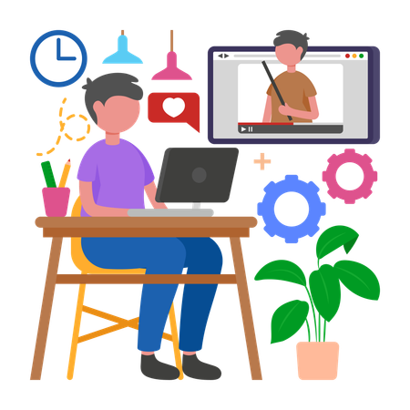 Menino aprende habilidades por meio de aulas online  Ilustração