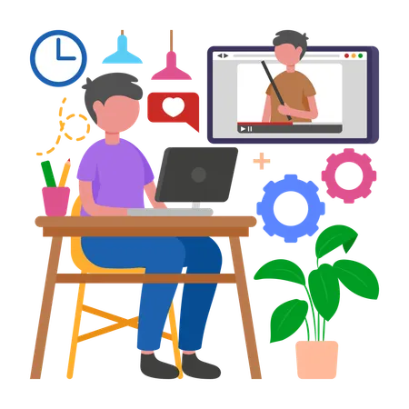 Menino aprende habilidades por meio de aulas online  Ilustração