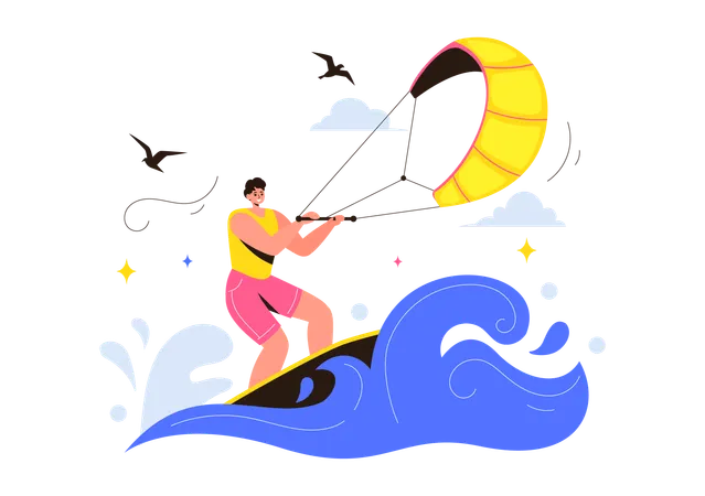 Menino aprendendo kitesurf  Ilustração