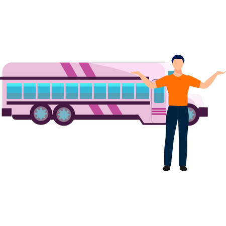 Menino apresentando ônibus para viajar  Ilustração