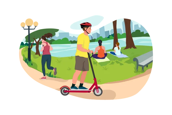 Garoto aproveita passeio de scooter no parque  Ilustração