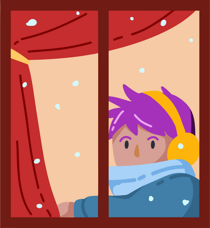 Menino observa queda de neve pela janela  Ilustração