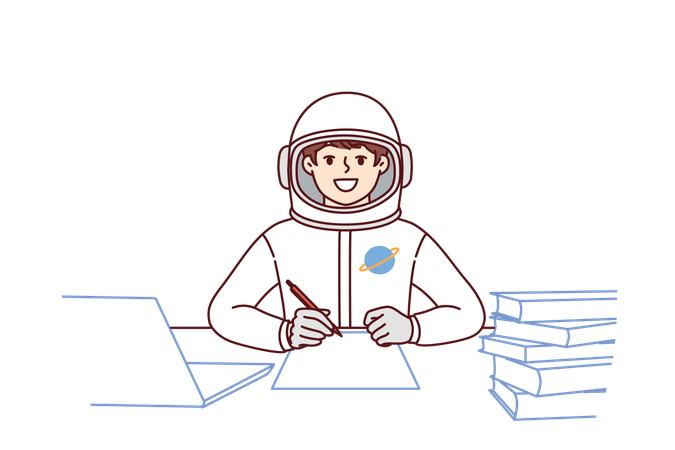 Astronauta menino fazendo anotações sentado à mesa com livros  Ilustração