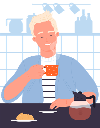 Menino tomando café quente  Ilustração