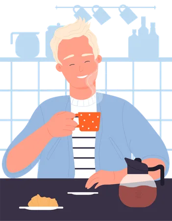 Menino tomando café quente  Ilustração