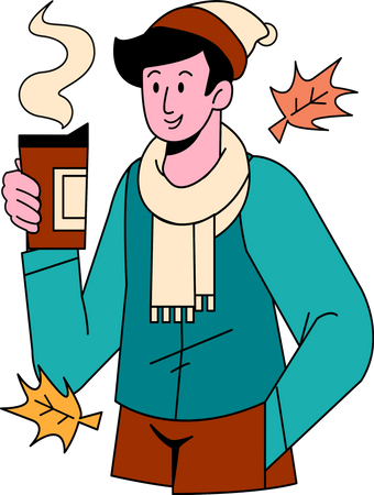 Menino bebendo café quente durante o outono  Ilustração