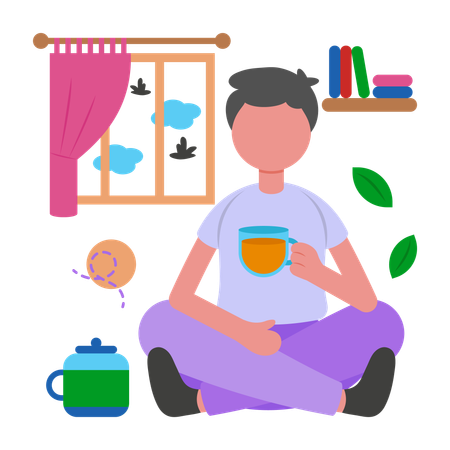 Menino bebendo chá de ervas  Ilustração