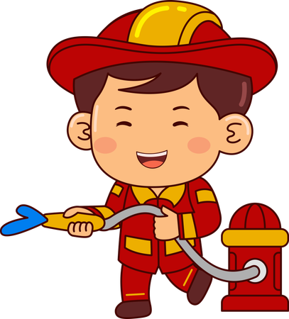 Menino bombeiro fofo com mangueira de incêndio  Ilustração