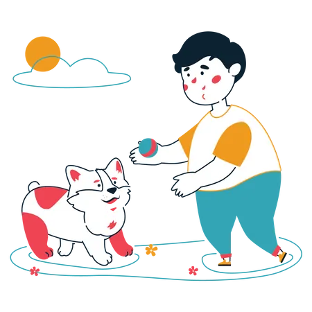 Menino brincando com cachorro  Ilustração