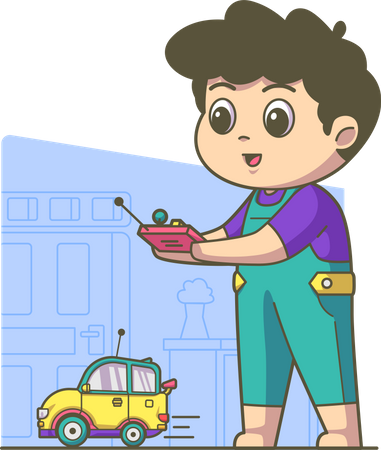 Menino brincando com carro de controle remoto  Ilustração