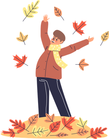 Menino brincando com folhas amarelas de outono  Ilustração