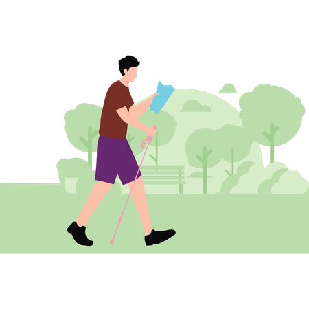 Menino caminhando na floresta com pau  Ilustração