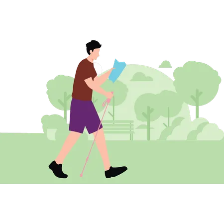 Menino caminhando na floresta com pau  Ilustração
