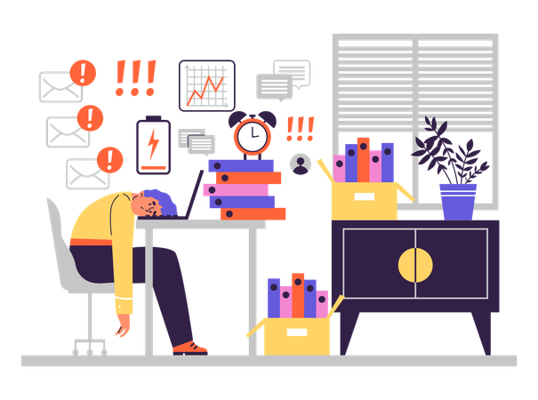 Menino cansado do trabalho de escritório enquanto dorme na mesa da escrivaninha  Ilustração