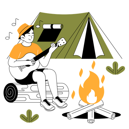 Menino cantando e tocando violão perto da fogueira  Ilustração