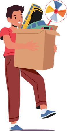 Menino carrega caixa de papelão com brinquedos  Ilustração