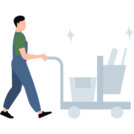 Menino carrega carrinho com produtos de limpeza  Ilustração