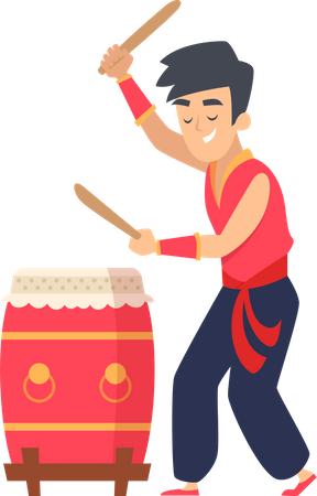 Menino chinês tocando tambor  Ilustração