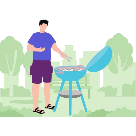 Menino fazendo churrasco no parque  Ilustração
