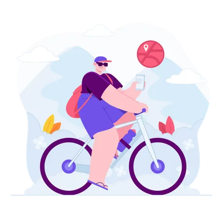 Menino andando de bicicleta com GPS  Ilustração