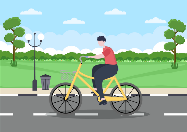 Menino andando de bicicleta na estrada  Ilustração