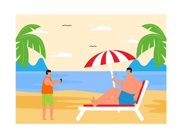 Menino clicando na foto de um homem sentado na praia  Illustration