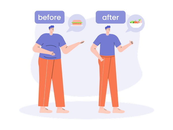 Menino com antes e depois da perda de peso  Ilustração