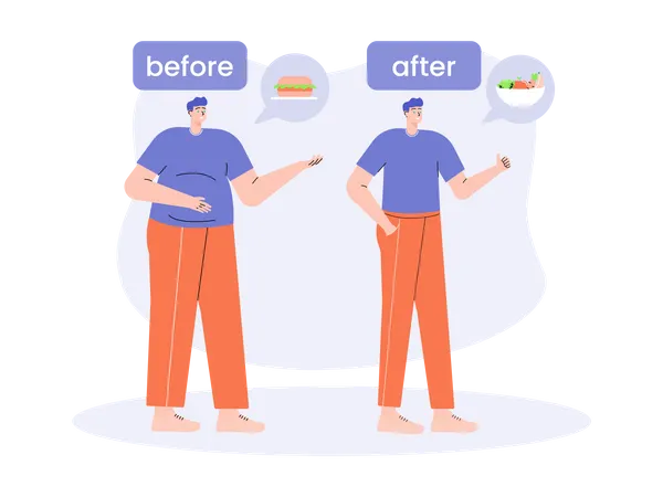 Menino com antes e depois da perda de peso  Ilustração