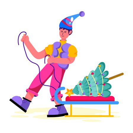 Menino com árvore de natal  Ilustração