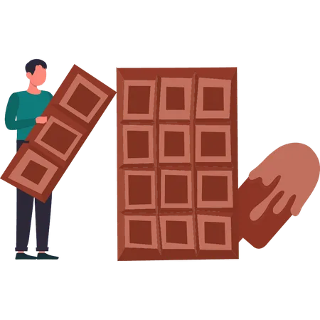 Garoto tem barras de chocolate  Ilustração