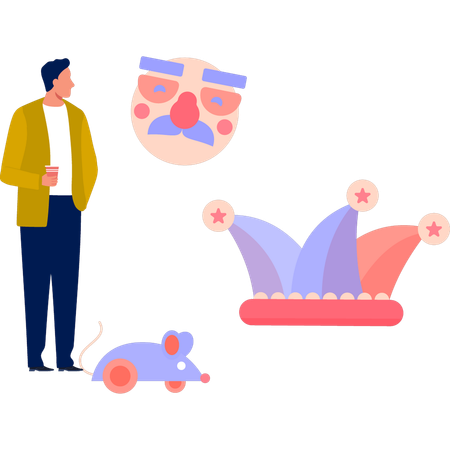 Menino com brinquedo de palhaço e rato também com chapéu  Ilustração