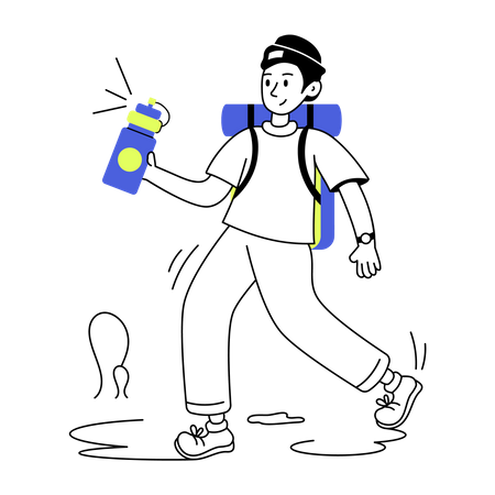 Menino com garrafa de água durante caminhada  Ilustração