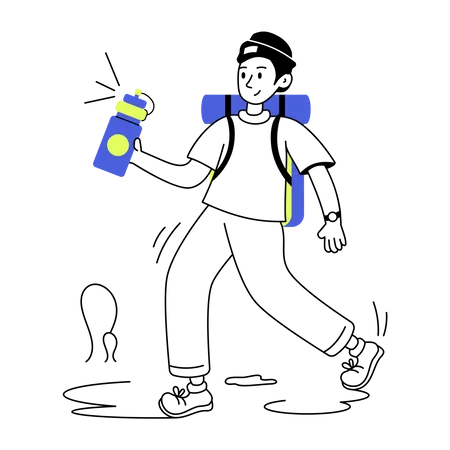 Menino com garrafa de água durante caminhada  Ilustração