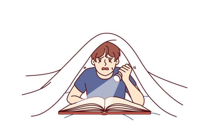 Menino com lanterna lê livro debaixo das cobertas e fica assustado com a história de um romance de ficção  Ilustração