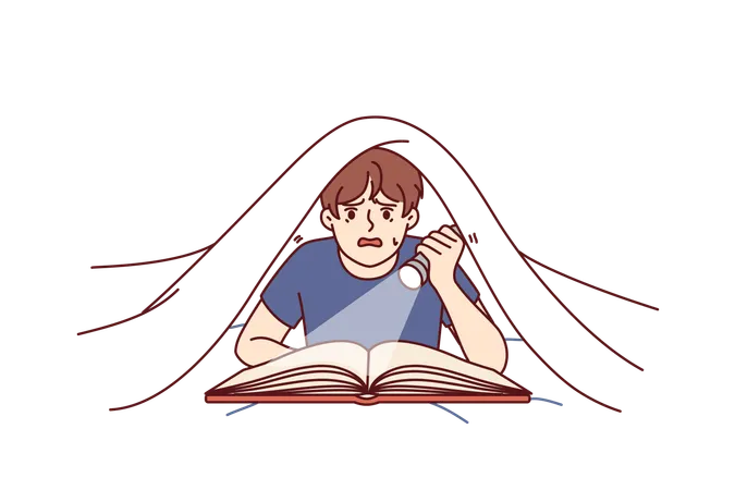 Menino com lanterna lê livro debaixo das cobertas e fica assustado com a história de um romance de ficção  Ilustração