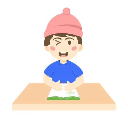 Menino com livro em inglês  Ilustração