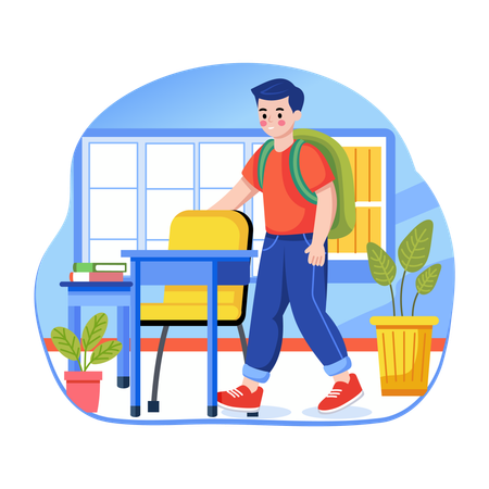 Menino com mochila escolar entrando na sala de aula  Ilustração
