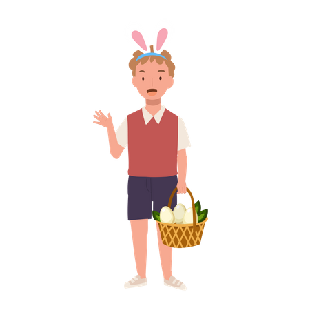 Menino com orelhas de coelho mostrando totalmente a cesta de caçar um ovo de páscoa  Ilustração