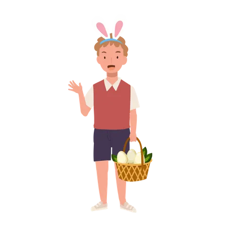 Menino com orelhas de coelho mostrando totalmente a cesta de caçar um ovo de páscoa  Ilustração