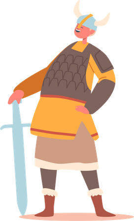 Menino fantasiado de guerreiro escandinavo e segurando uma espada  Ilustração