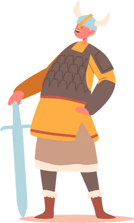 Menino fantasiado de guerreiro escandinavo e segurando uma espada  Ilustração
