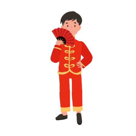 Menino com vestido tradicional chinês segurando leque de mão  Ilustração