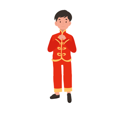 Menino em vestido tradicional chinês fazendo saudação  Ilustração