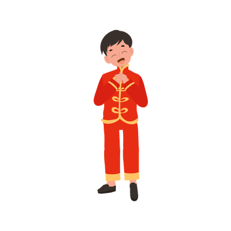 Menino em vestido tradicional chinês fazendo saudação  Ilustração
